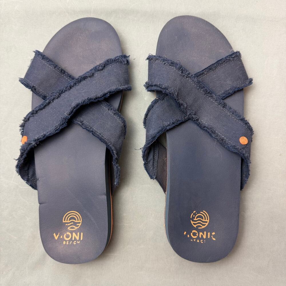 Vionic Panama Slide Sandals Womens 9 Navy Denim Frayed Straps Comfort